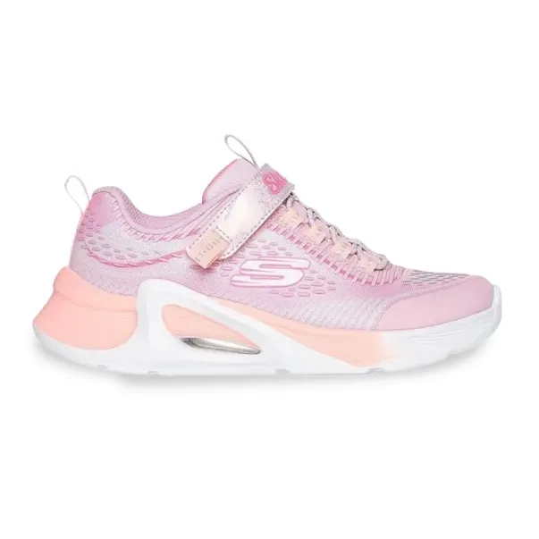Tênis infantil feminino Skechers casual rosa claro com estampa tie-dye e fechamento por cadarço elástico